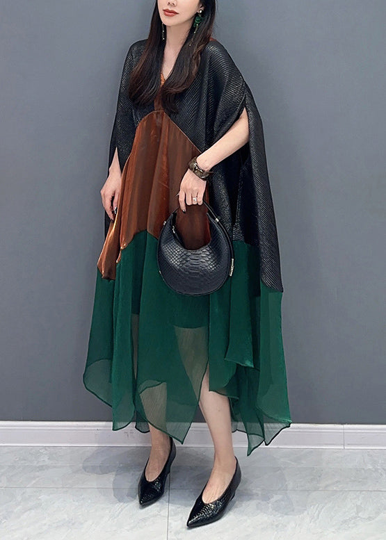 Italian Colorblock V Neck Patchwork Chiffon Dress Batwing Sleeve