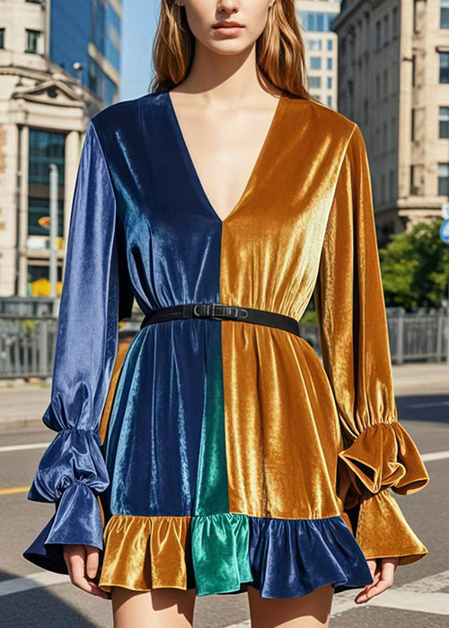 Italian Colorblock V Neck Patchwork Ruffled Silk Velvet Mini Dress Spring