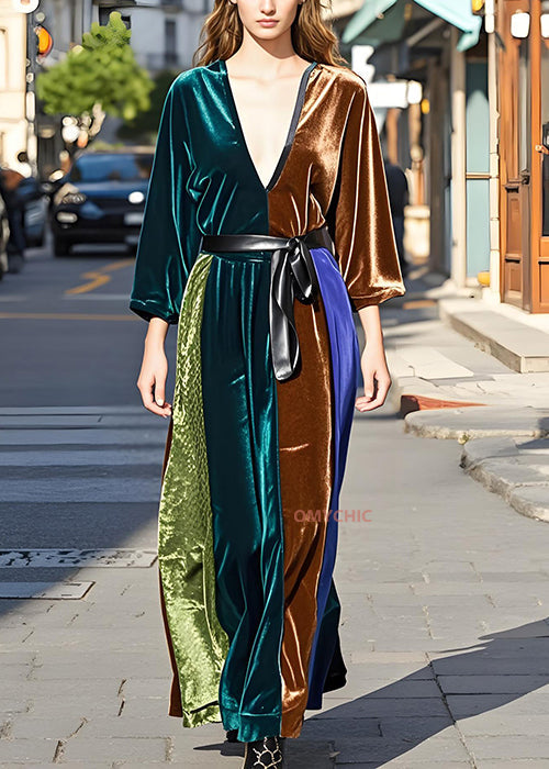 Italian Colorblock V Neck Tie Waist Velvet Long Dresses Fall