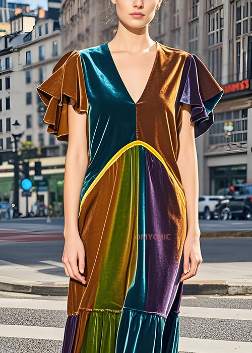 Italian Colorblock V Neck Wrinkled Velvet Dress Butterfly Sleeve