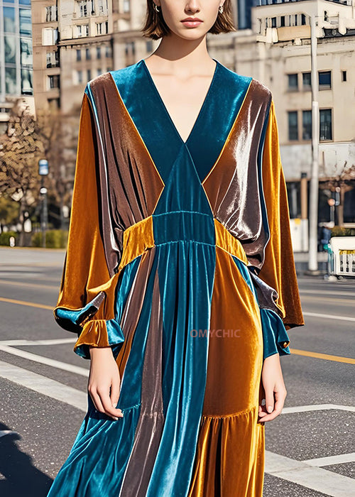 Italian Colorblock V Neck Wrinkled Velvet Long Dress Fall