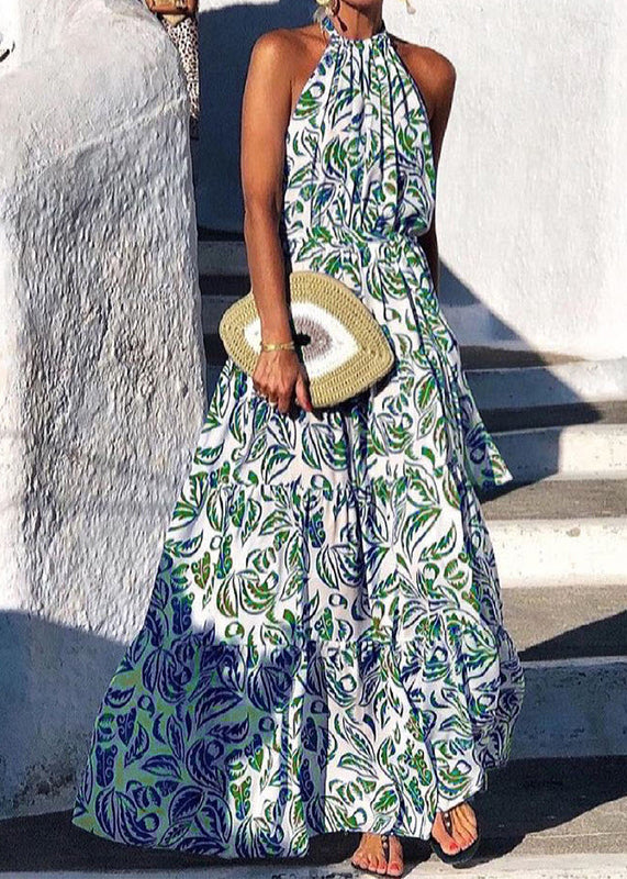 Italian Green Backless Print Cotton Halter Dresses Summer