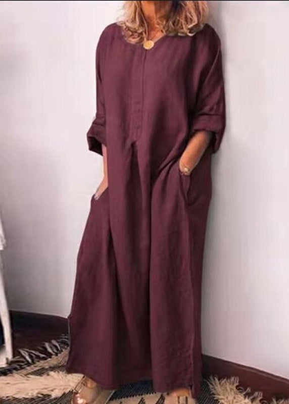 Italian Green O Neck Pockets Cotton Long Dress Fall