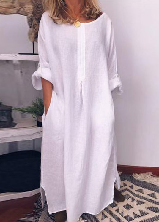 Italian Green O Neck Pockets Cotton Long Dress Fall