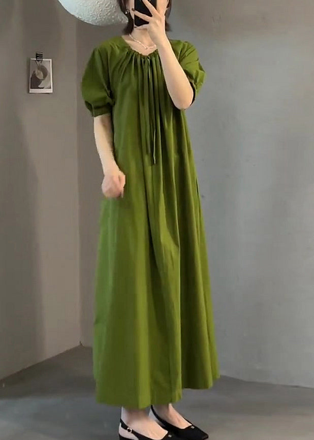 Italian Green O Neck Wrinkled Cotton Long Dress Summer