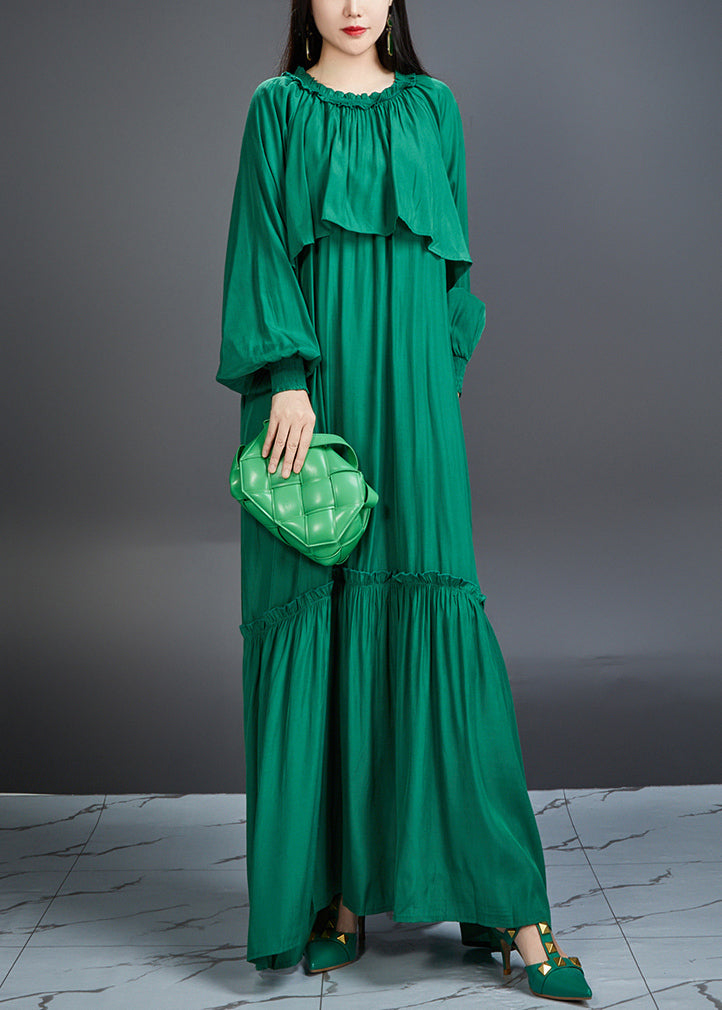 Italian Green Ruffled Pockets Tie Waist Cotton Maxi Dress Fall