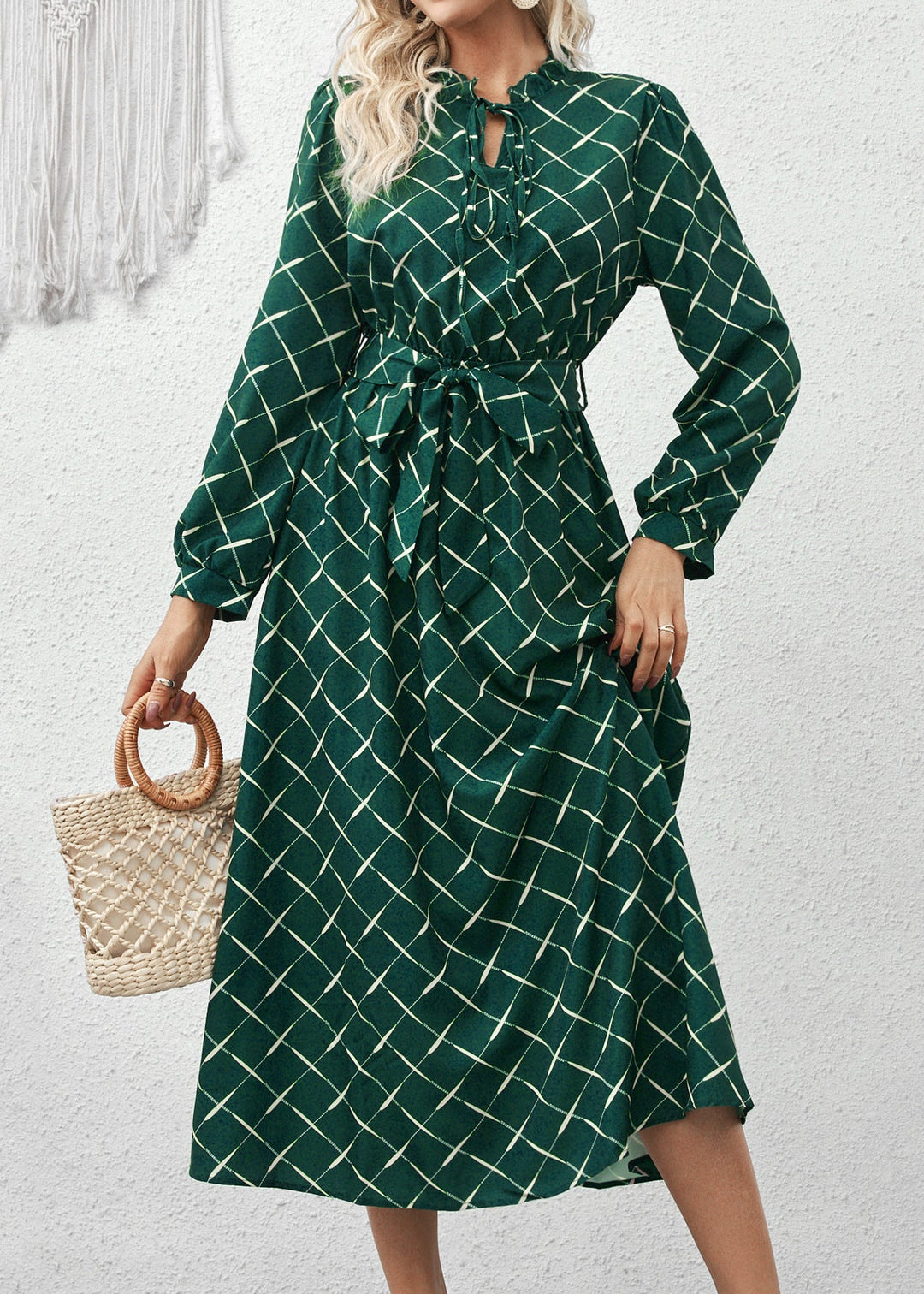 Italian Green Ruffled Print Lace Up Cotton Dress Fall