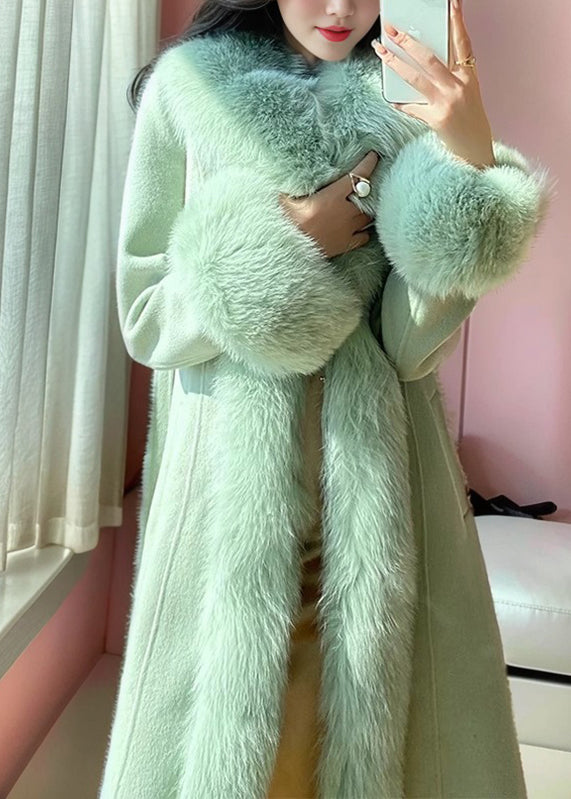 Italian Green Tie Waist Woolen Long Coats Winter