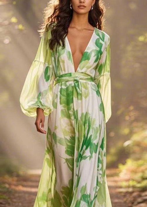 Italian Green V Neck Print Chiffon Long Dresses Lantern Sleeve