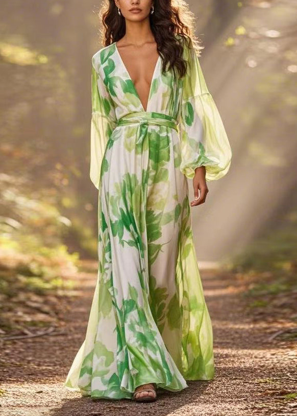 Italian Green V Neck Print Chiffon Long Dresses Lantern Sleeve