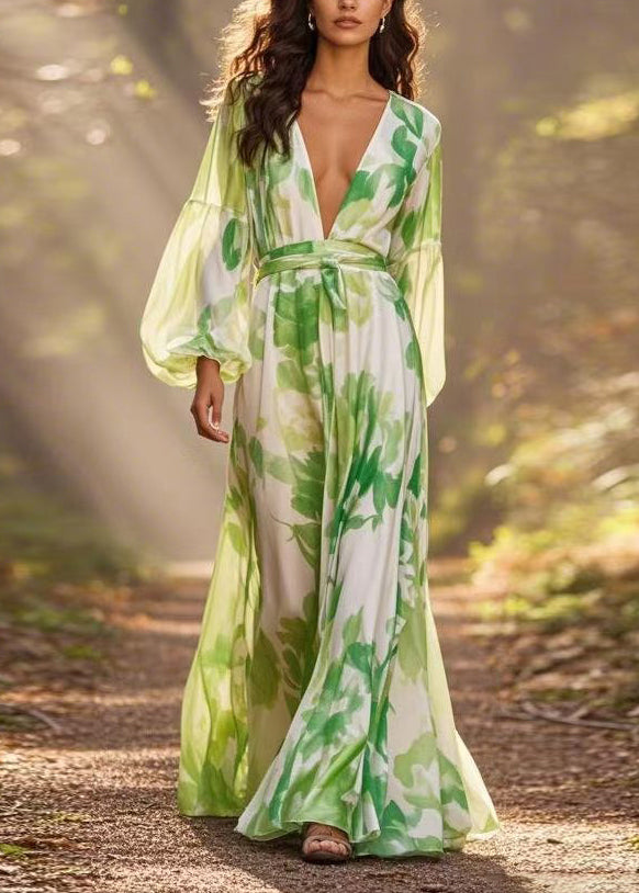 Italian Green V Neck Print Chiffon Long Dresses Lantern Sleeve