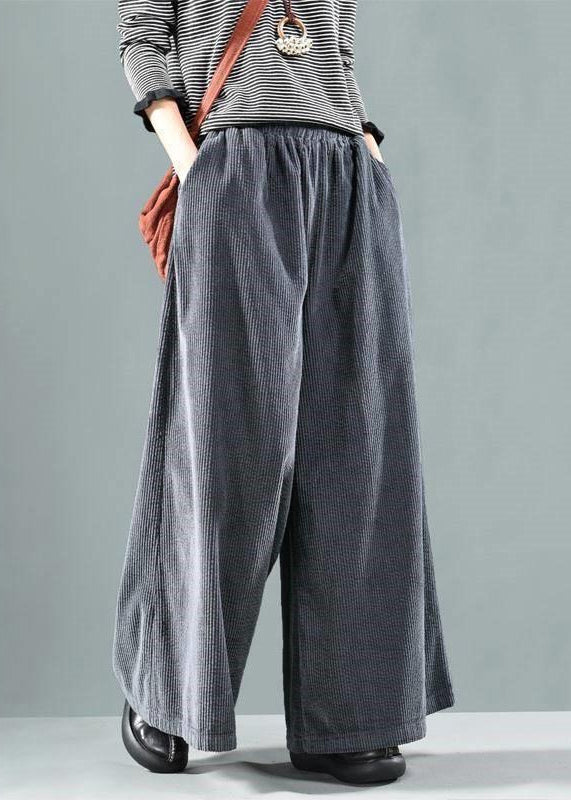 Italian Grey Elastic Waist Corduroy Wide Leg Pants Spring