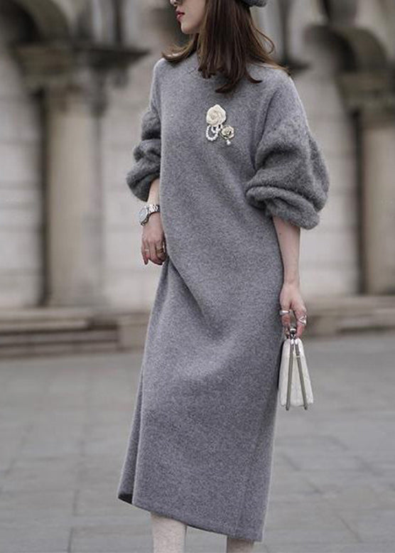 Italian Grey O Neck Woolen Sweater Dress Lantern Sleeve