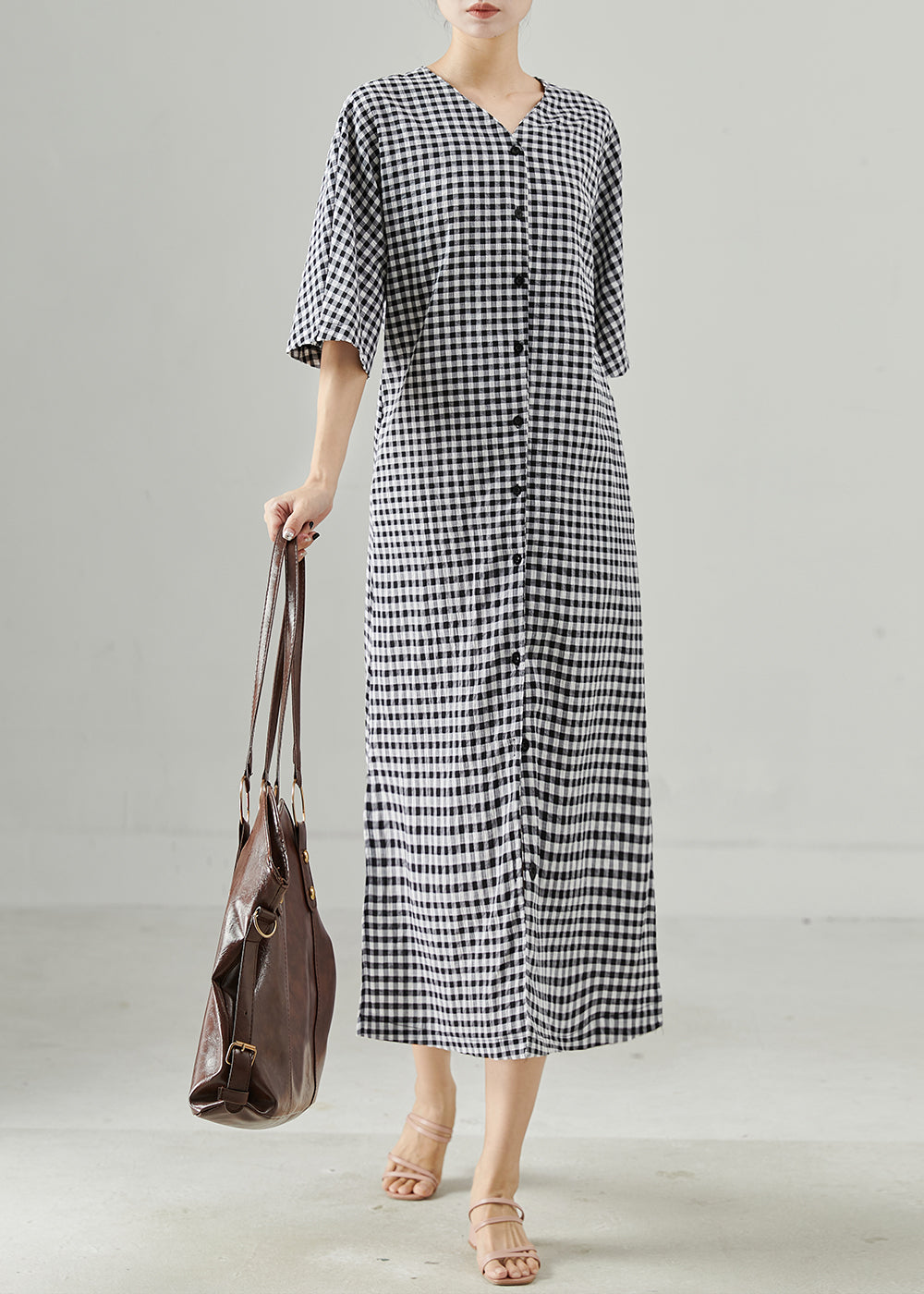 Italian Grey Plaid Side Open Linen Dress Summer