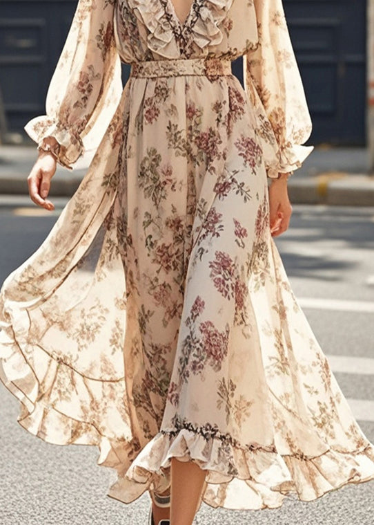 Italian Khaki Ruffled Print Chiffon Vacation Dress Fall