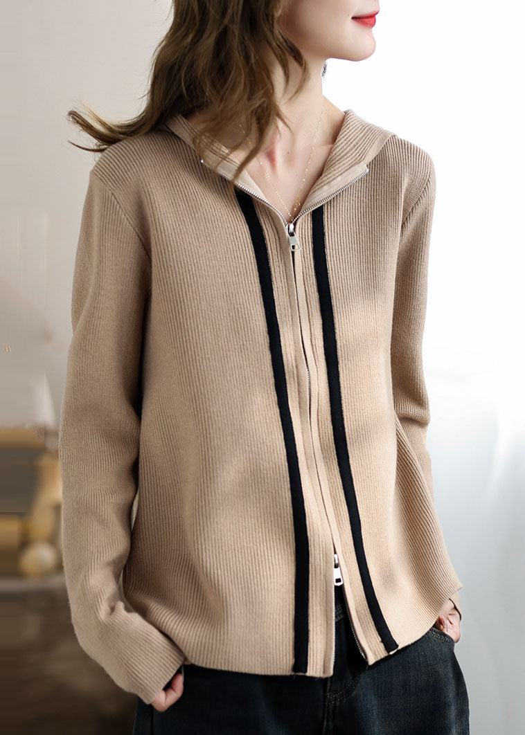 Italian Khaki Zip Up Patchwork Knit Hooded Cardigan Spring