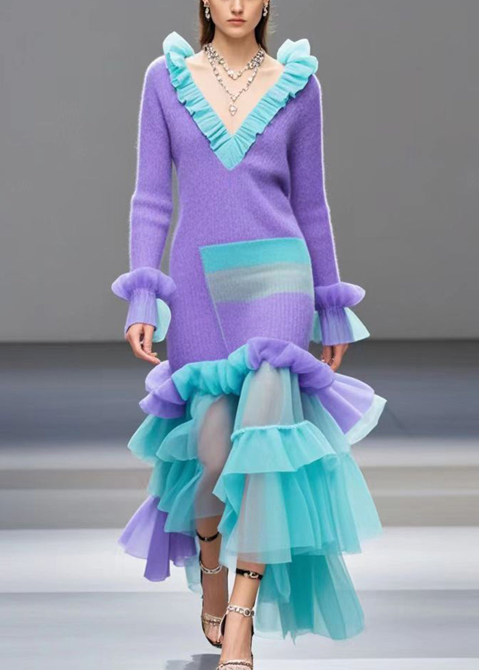 Italian Lavender Ruffled Patchwork Tulle Knitwear Dress Winter