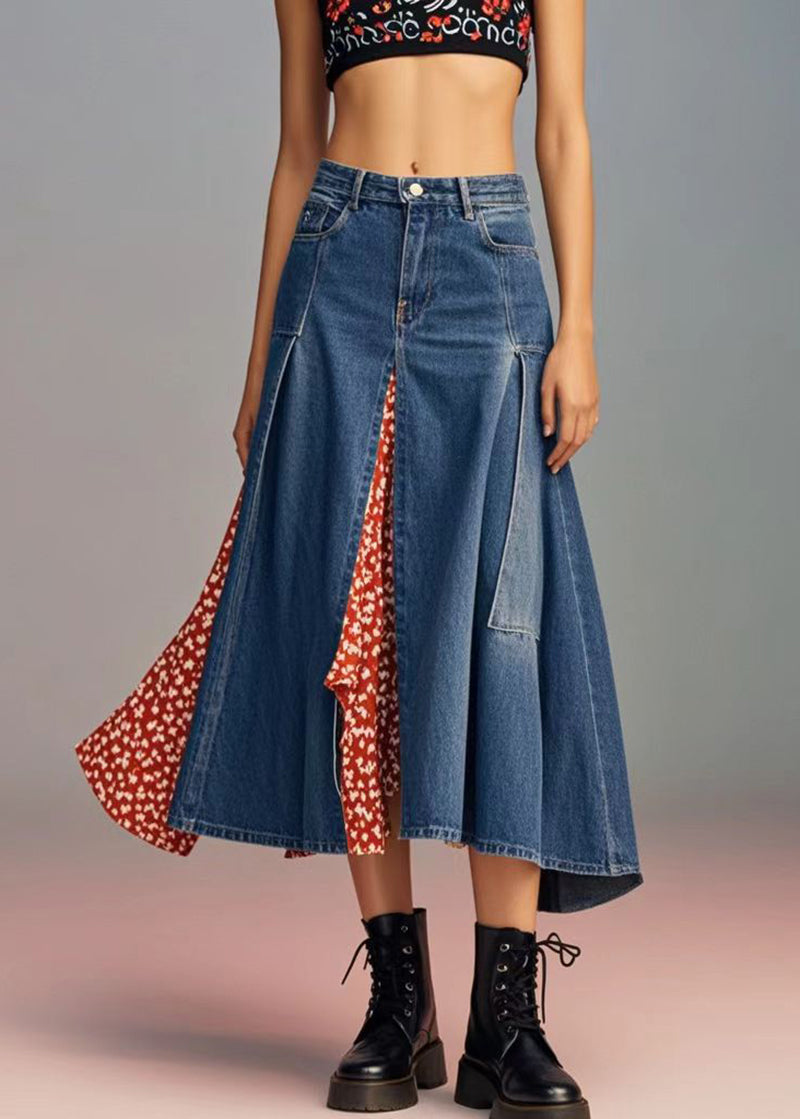 Italian Navy Asymmetrical Patchwork Print Denim Skirts Spring