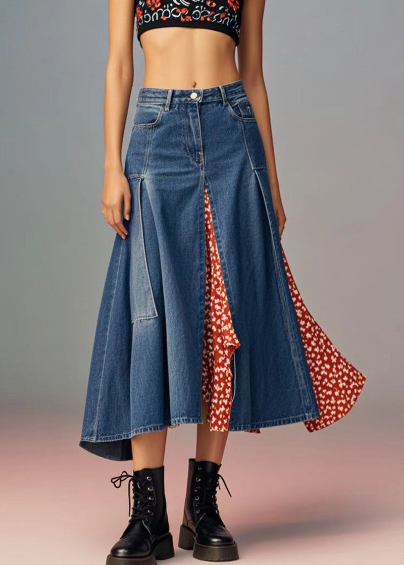 Italian Navy Asymmetrical Patchwork Print Denim Skirts Spring