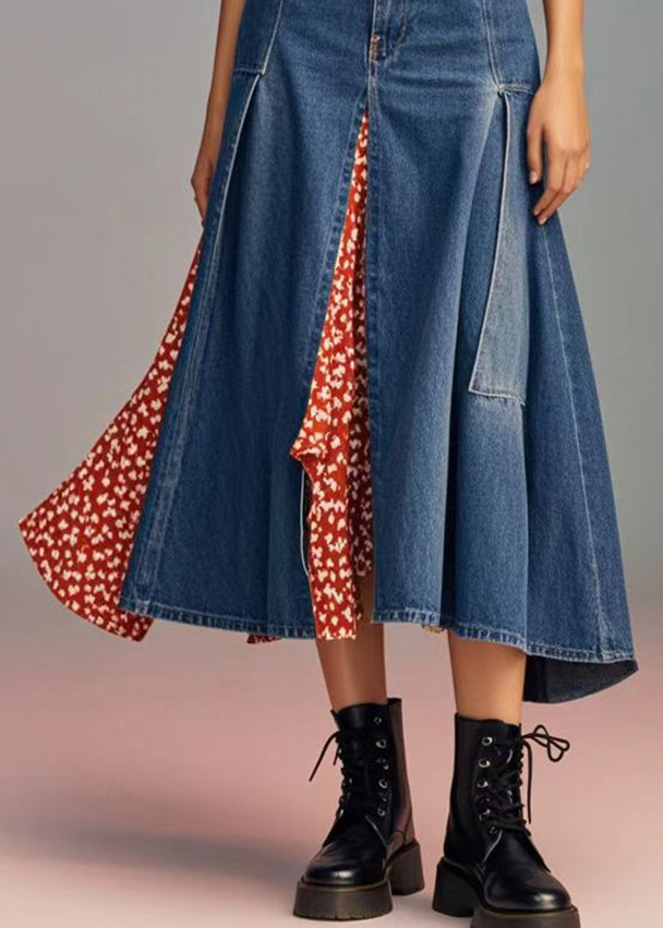 Italian Navy Asymmetrical Patchwork Print Denim Skirts Spring