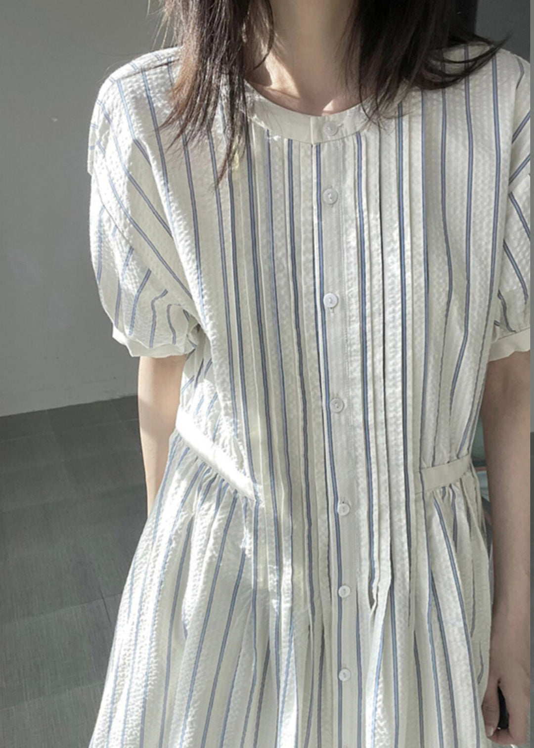 Italian O-Neck Striped Cinched Patchwork Party Long Dress Short Sleeve