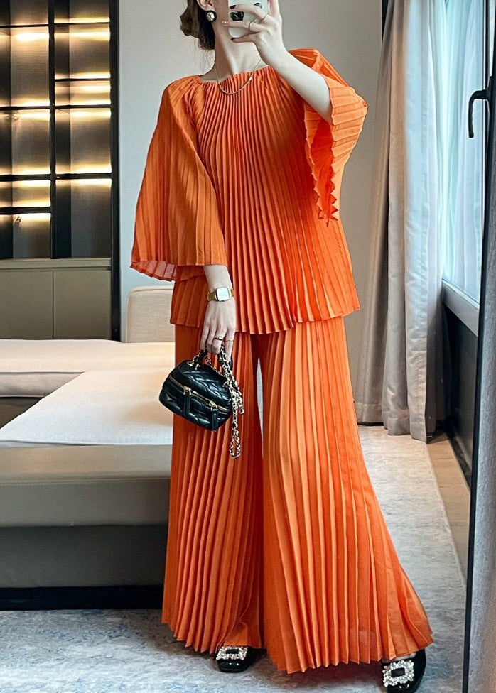 Italian Orange O-Neck Wrinkled Top And Wide Leg Pants Two Piece Set Long Sleeve