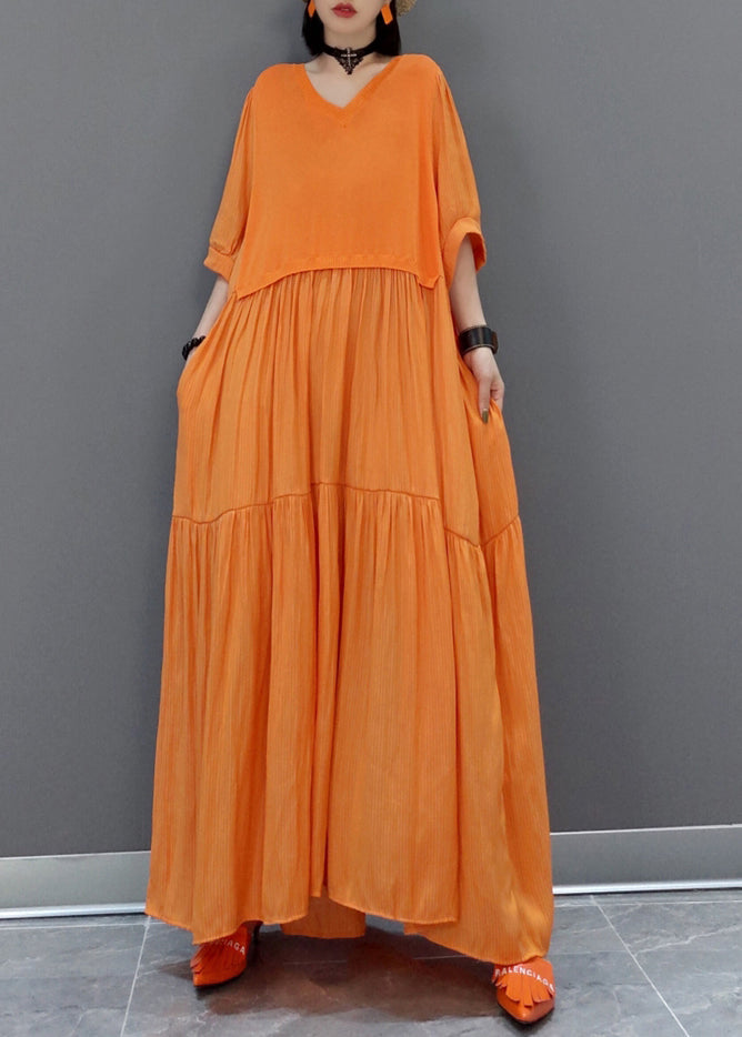 Italian Orange V Neck Patchwork Holiday Maxi Dress Summer