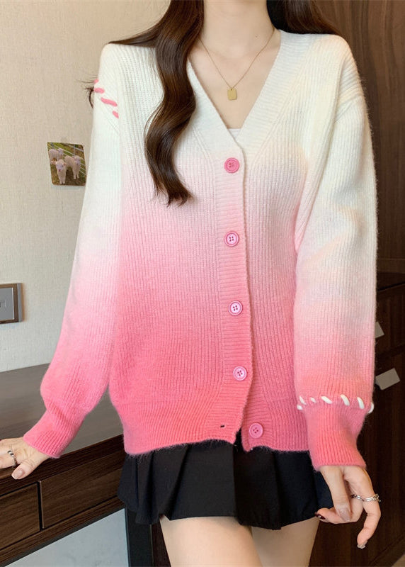 Italian Pink Gradient V Neck Button Knit Cardigan Winter