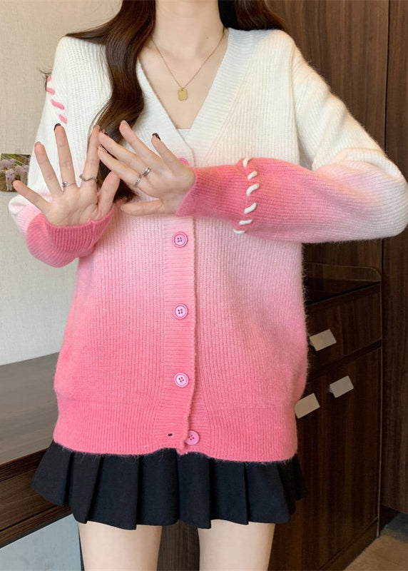 Italian Pink Gradient V Neck Button Knit Cardigan Winter