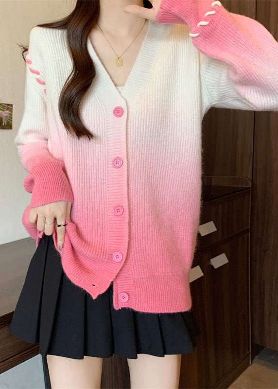 Italian Pink Gradient V Neck Button Knit Cardigan Winter