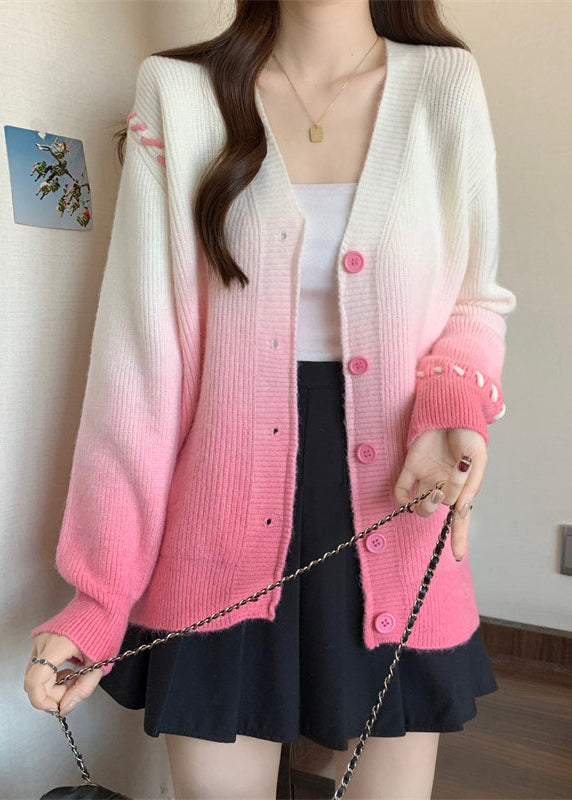 Italian Pink Gradient V Neck Button Knit Cardigan Winter