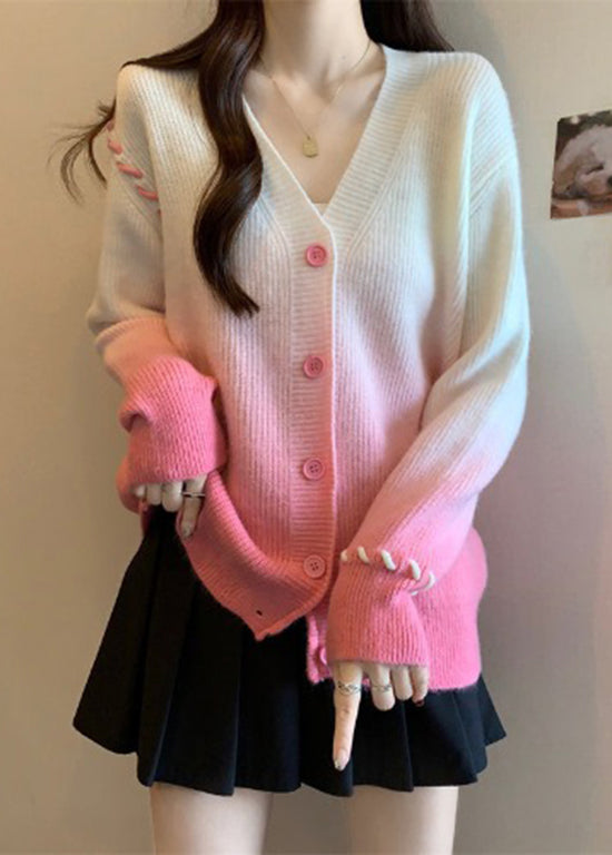 Italian Pink Gradient V Neck Button Knit Cardigan Winter