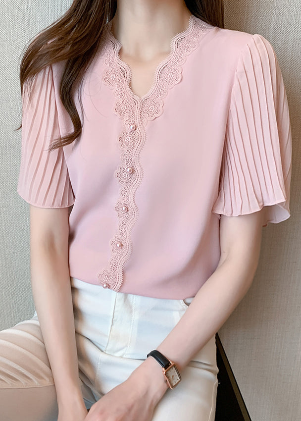 Italian Pink Lace Patchwork Nail Bead Chiffon Shirt Top Summer