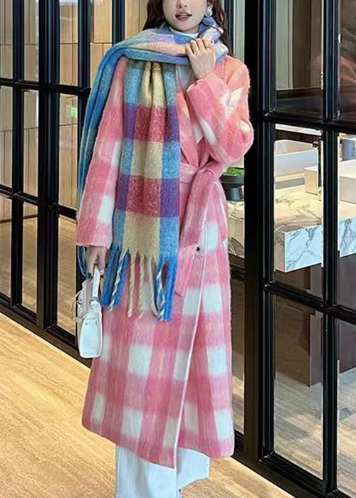 Italian Pink Plaid Tie Waist Thick Woolen Loose Coat Winter