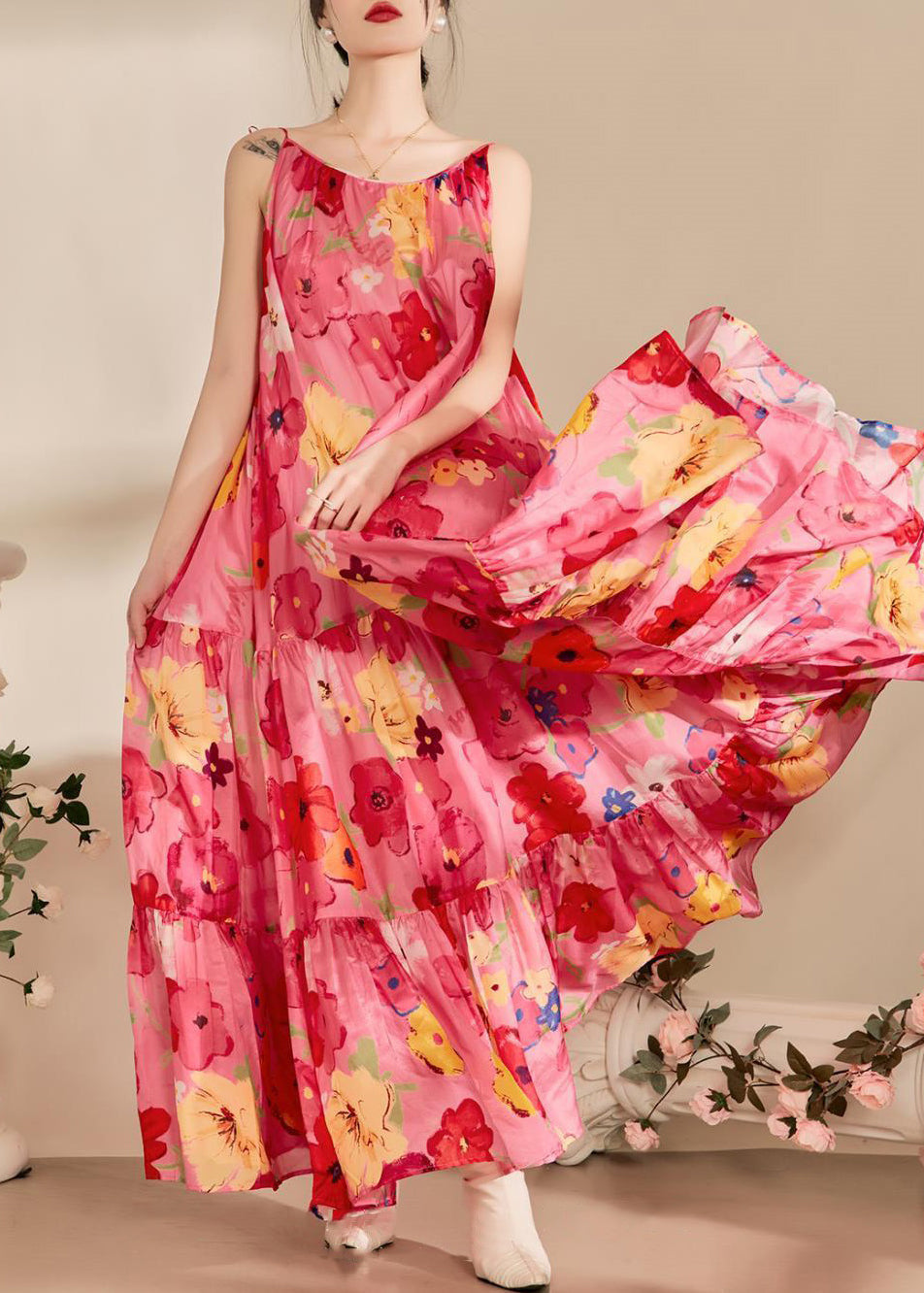 Italian Pink Print Backless Cotton Spaghetti Strap Dress Sleeveless