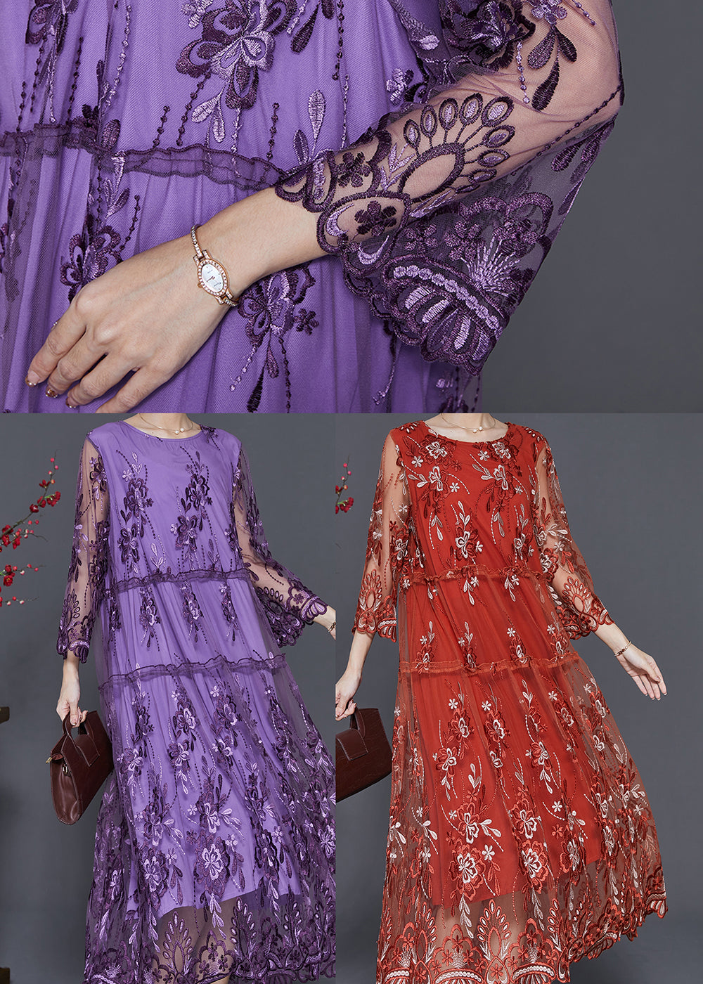 Italian Purple Embroidered Patchwork Tulle Long Dresses Summer