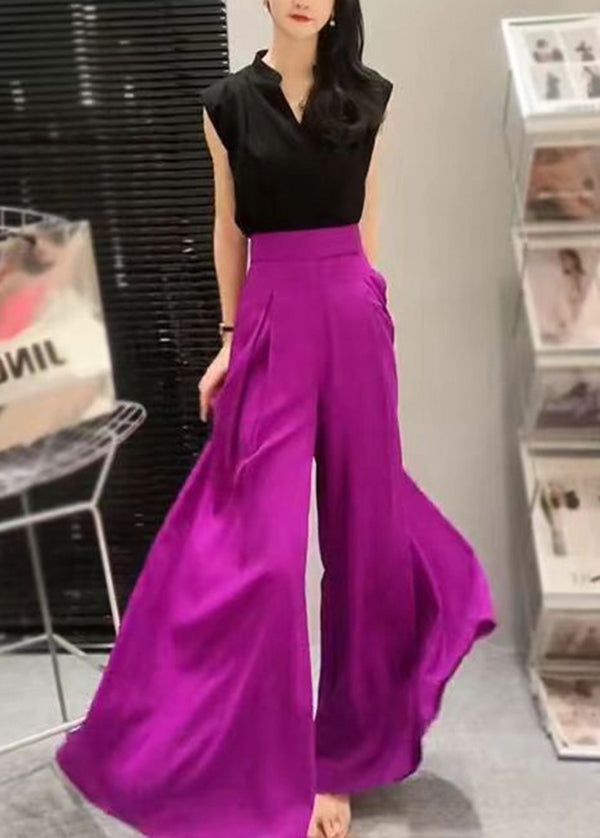 Italian Purple Pockets High Waist Chiffon Wide Leg Pants Summer