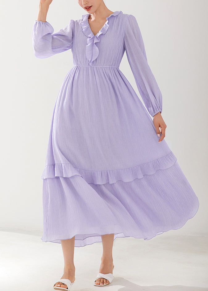 Italian Purple Ruffled Elastic Waist Silk Long Dresses Fall