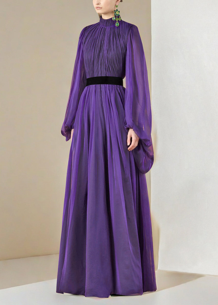 Italian Purple Stand Collar Wrinkled Silk Long Dresses Lantern Sleeve