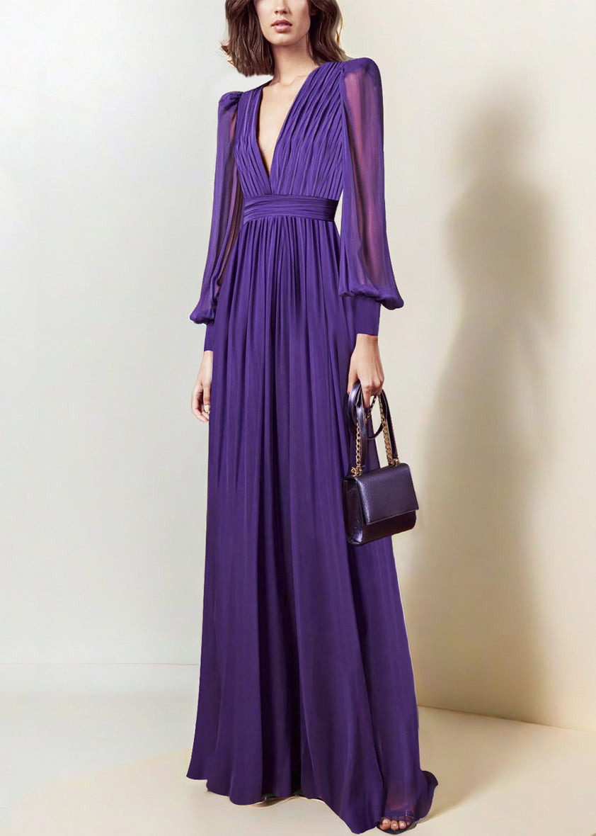 Italian Purple V Neck Wrinkled Chiffon Maxi Dresses Fall