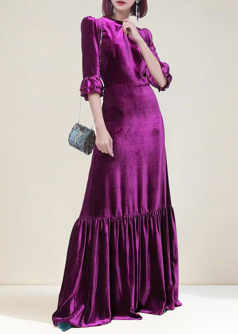 Italian Purple Zippered Wrinkled Velour Long Dress Butterfly Sleeve