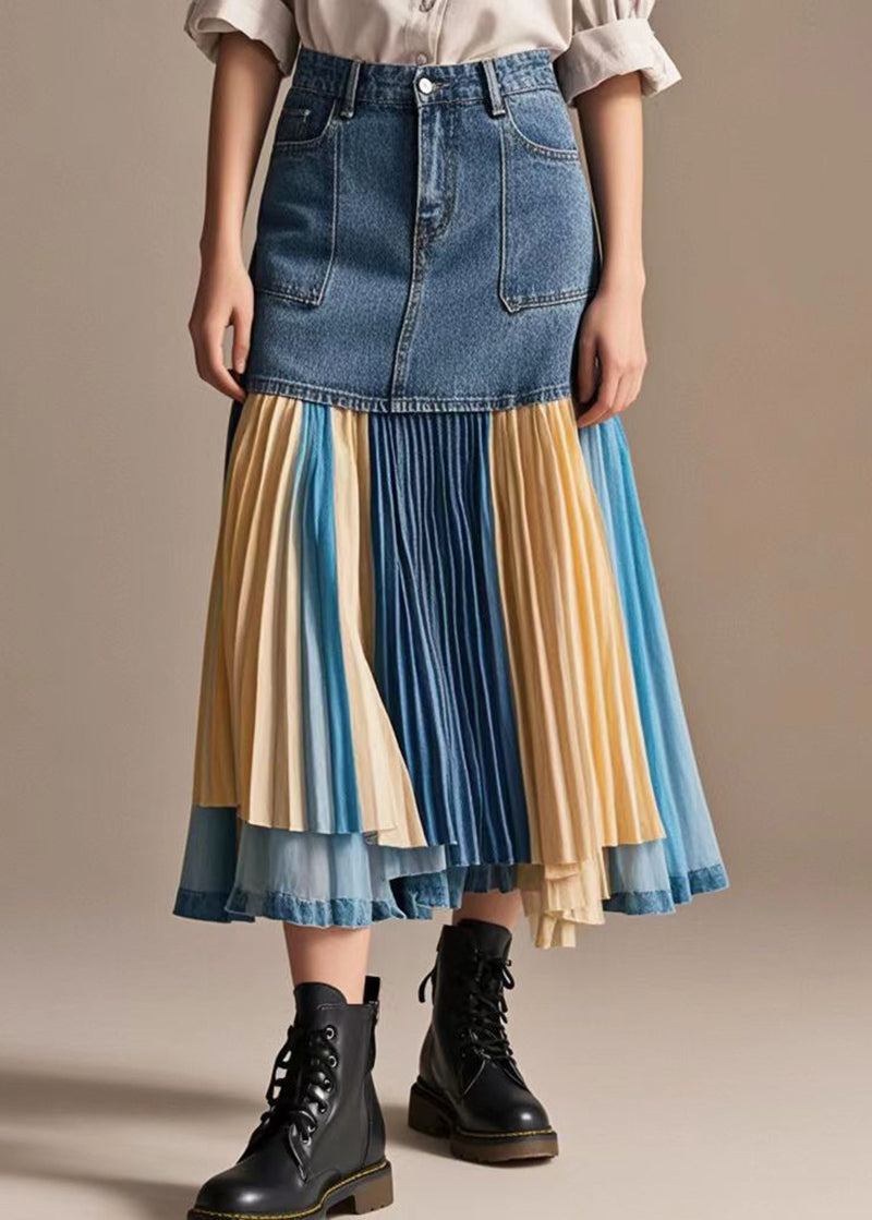 Italian Rainbow Striped Patchwork Denim Pleated Skirt Fall