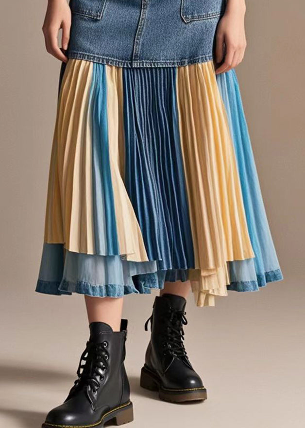 Italian Rainbow Striped Patchwork Denim Pleated Skirt Fall