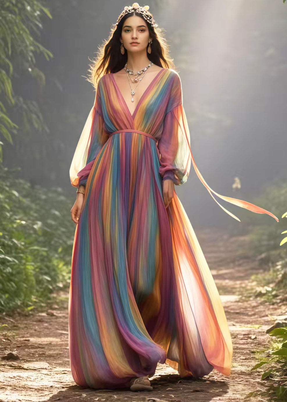 Italian Rainbow V Neck Tie Dye Chiffon Holiday Dresses Spring