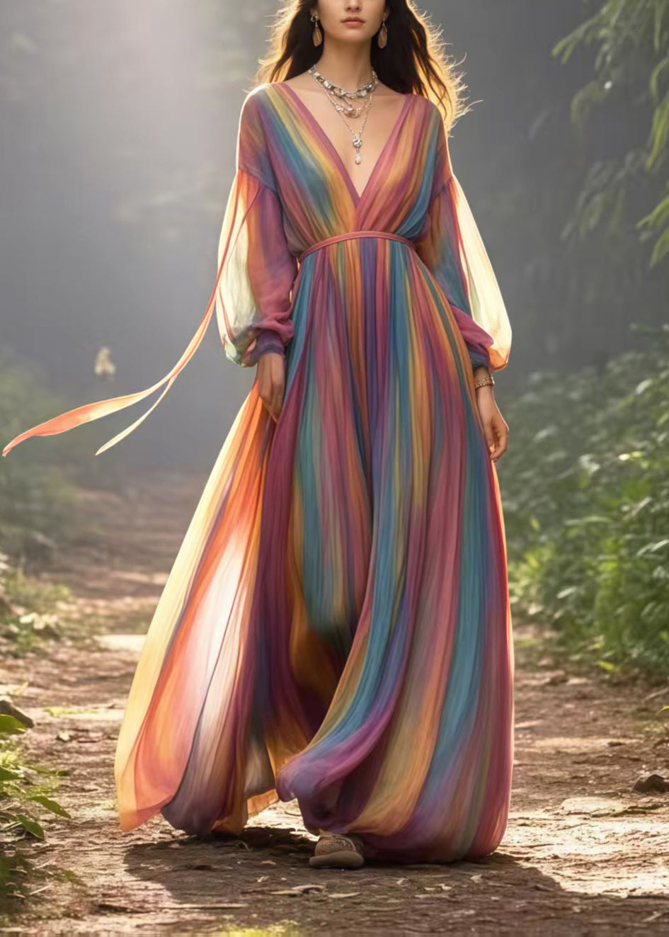 Italian Rainbow V Neck Tie Dye Chiffon Holiday Dresses Spring