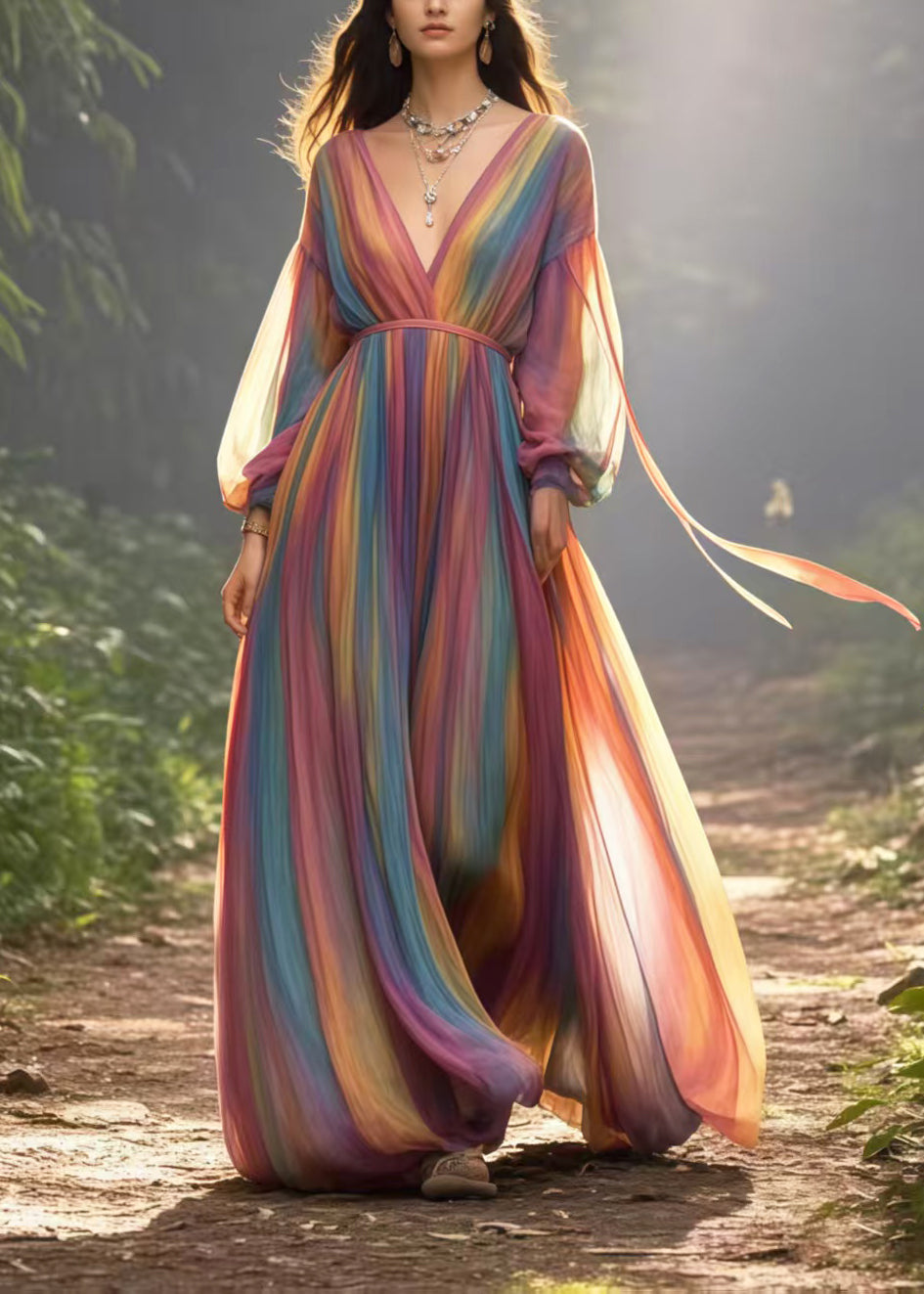 Italian Rainbow V Neck Tie Dye Chiffon Holiday Dresses Spring