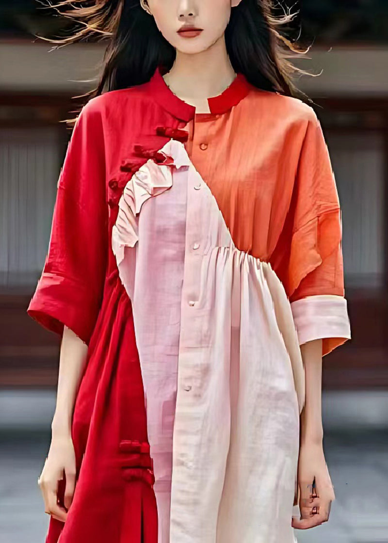 Italian Red Asymmetrical Patchwork Wrinkled Linen Shirt Dress Summer