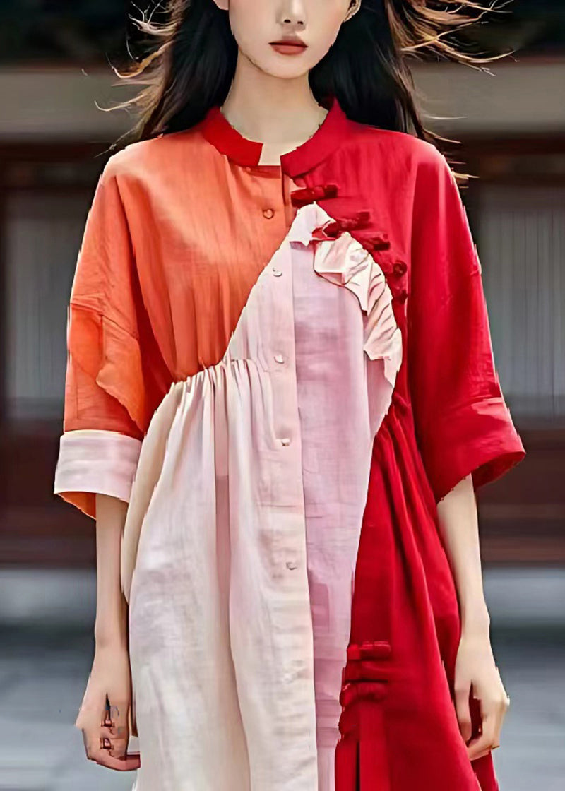 Italian Red Asymmetrical Patchwork Wrinkled Linen Shirt Dress Summer