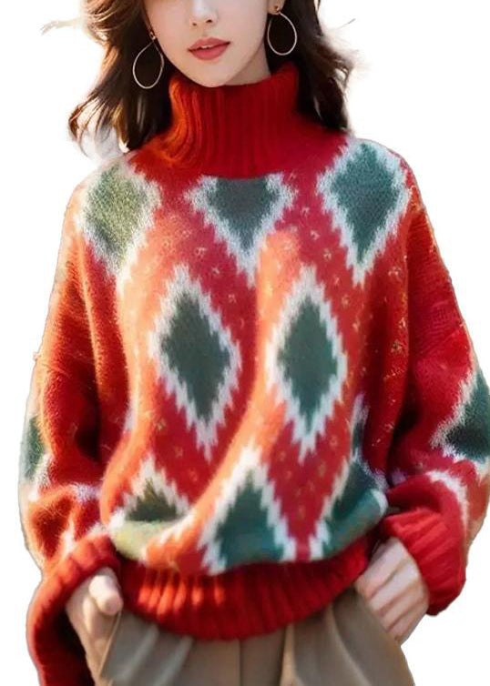 Italian Red Hign Neck Geometric Print Woolen Short Sweater Spring