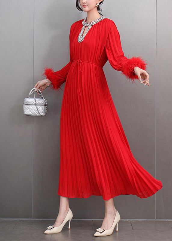 Italian Red O-Neck Wrinkled Patchwork Zircon Maxi Dresses Spring